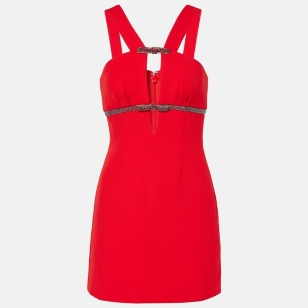 Self Portrait Red Crepe Mini Dress with Rhinestone Bows US Size 4